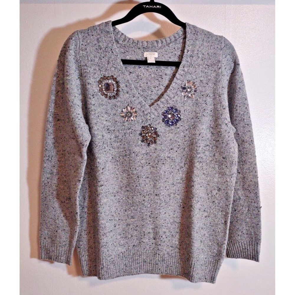J Crew Women's L Gray V Neck Sweater Beaded Glam Basic Pullover